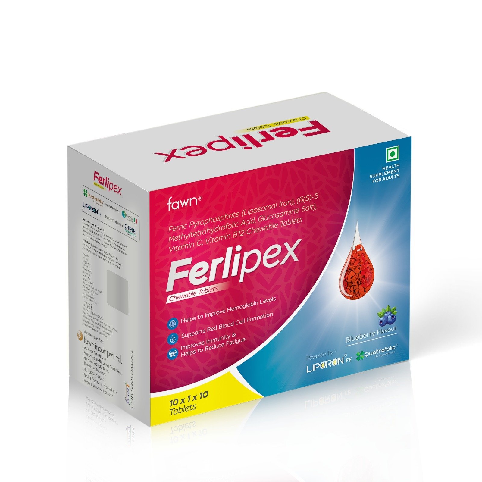 Ferric Pyrophosphate (Liposomal Iron), Methyltetrahydrofolic Acid (Glucosamine Salt) & Vitamin B12 chewable Tablets - FERLIPEX Chewable Tablets