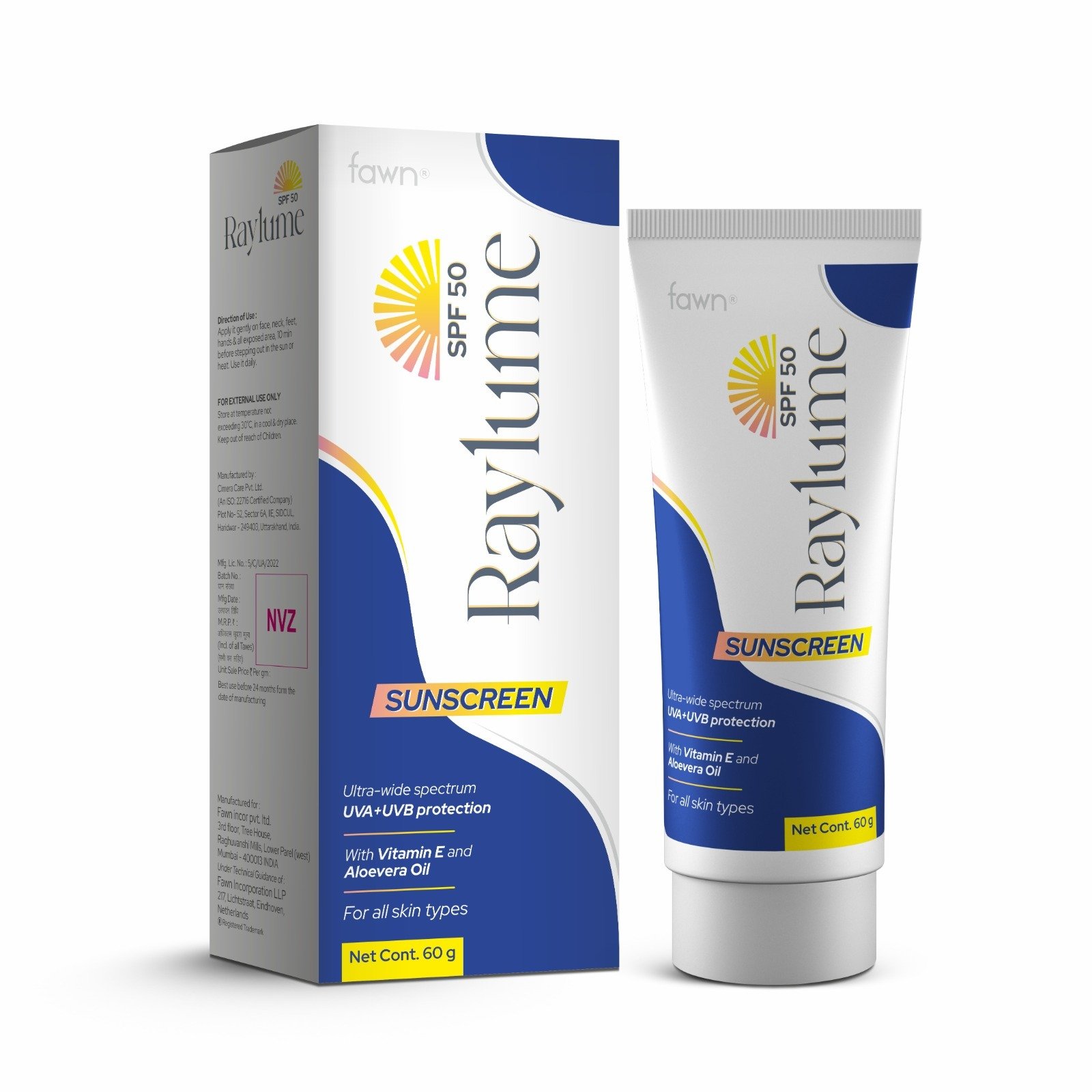 Sunscreen SPF 50+ with ultra wide spectrum UVA + UVB - RAYLUME Sunscreen SPF 50 Cream