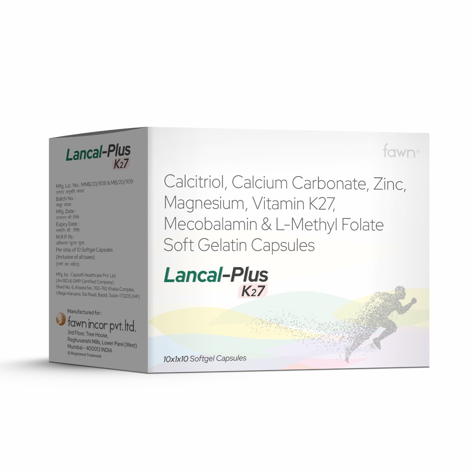 Calcitriol, Calcium Carbonate, Zinc, Magnesium, Vitamin K2-7, Methylcobalamin & L-Methyl Folate Softgel Capsules - LANCAL PLUS K2-7