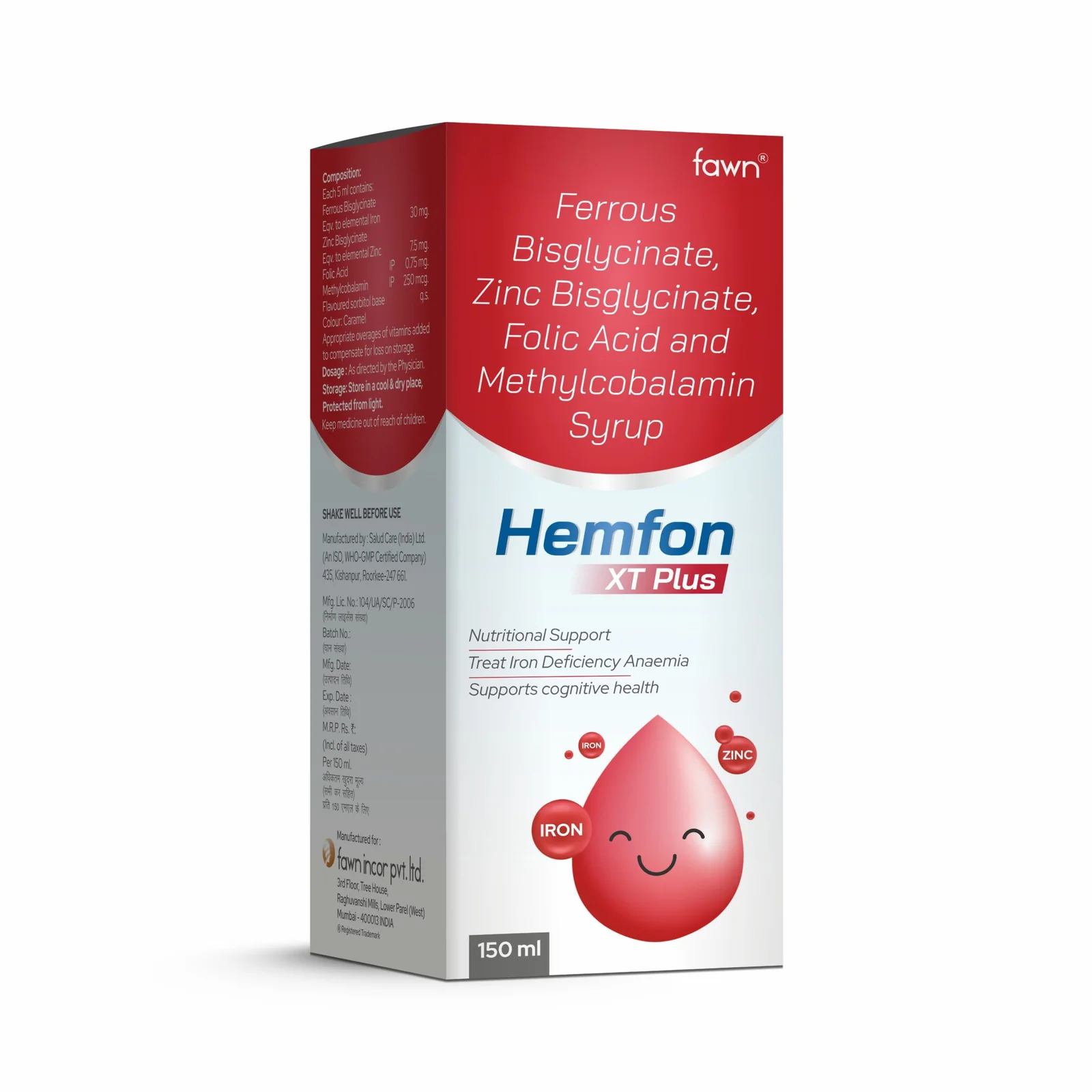 Ferrous Bisglycinate, Zinc Bisglycinate, Folic Acid & Methylcobalamin Syrup -HEMFON XT PLUS